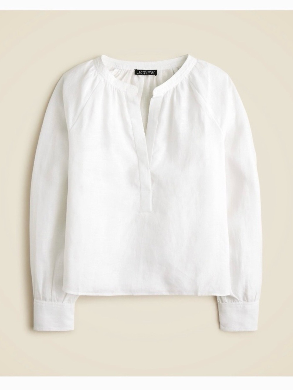 J. Crew Cabana White Split V-Neck Long Sleeve Linen Blouse